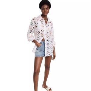 Ramy Brook Women’s S Gary White Cut Out Cover Up Top Button Down Floral Eyelet
